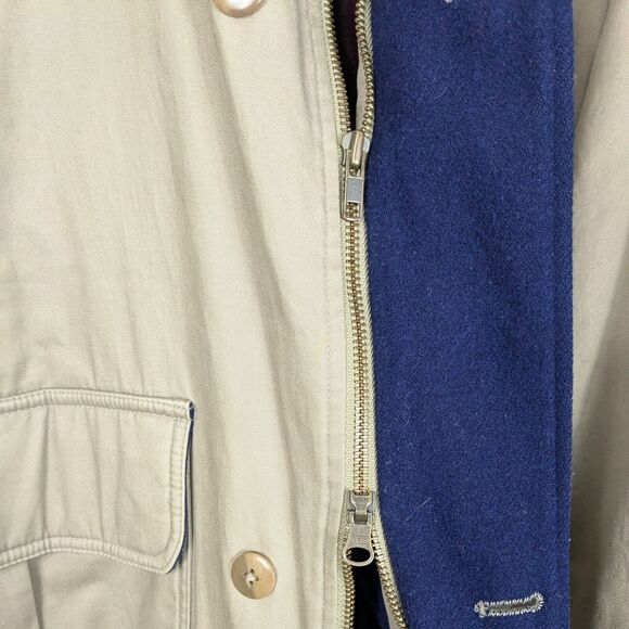 Vintage LL Bean Barn Jacket Mens L Tan Brown Leather Wool 80s 90s Chore Coat - Picture 8 of 16